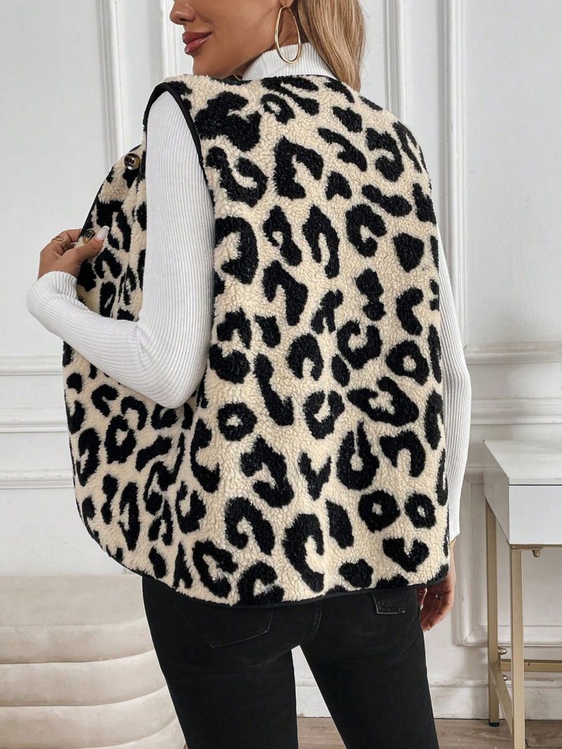 Casual Versatile Leopard Print Lamb Wool Sleeveless Single-Breasted Ladies Jacket, Autumn/Winter