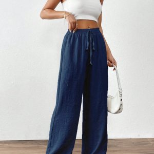 Women's Solid Color Tie Front Pocket Simple Style Long Pants, Casual Everyday Wear