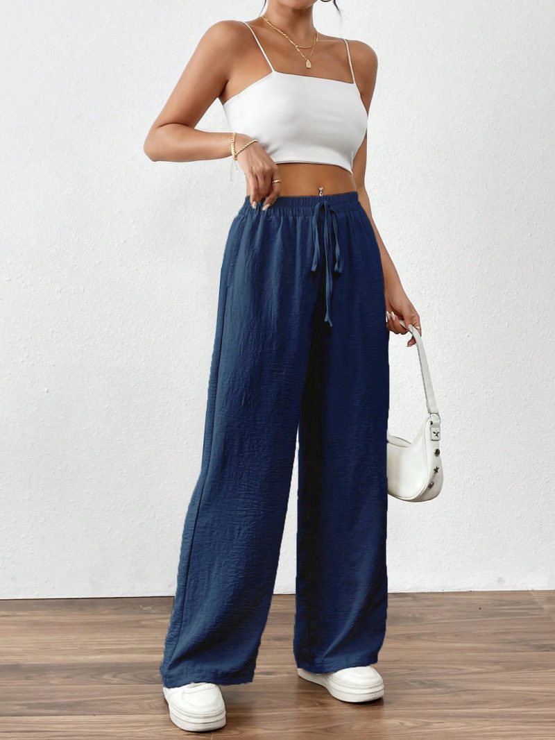 Women's Solid Color Tie Front Pocket Simple Style Long Pants, Casual Everyday Wear