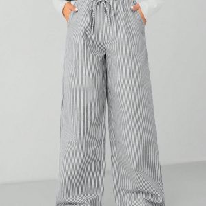 Autumn Blue Striped Contrast Waist Woven Women's Trousers