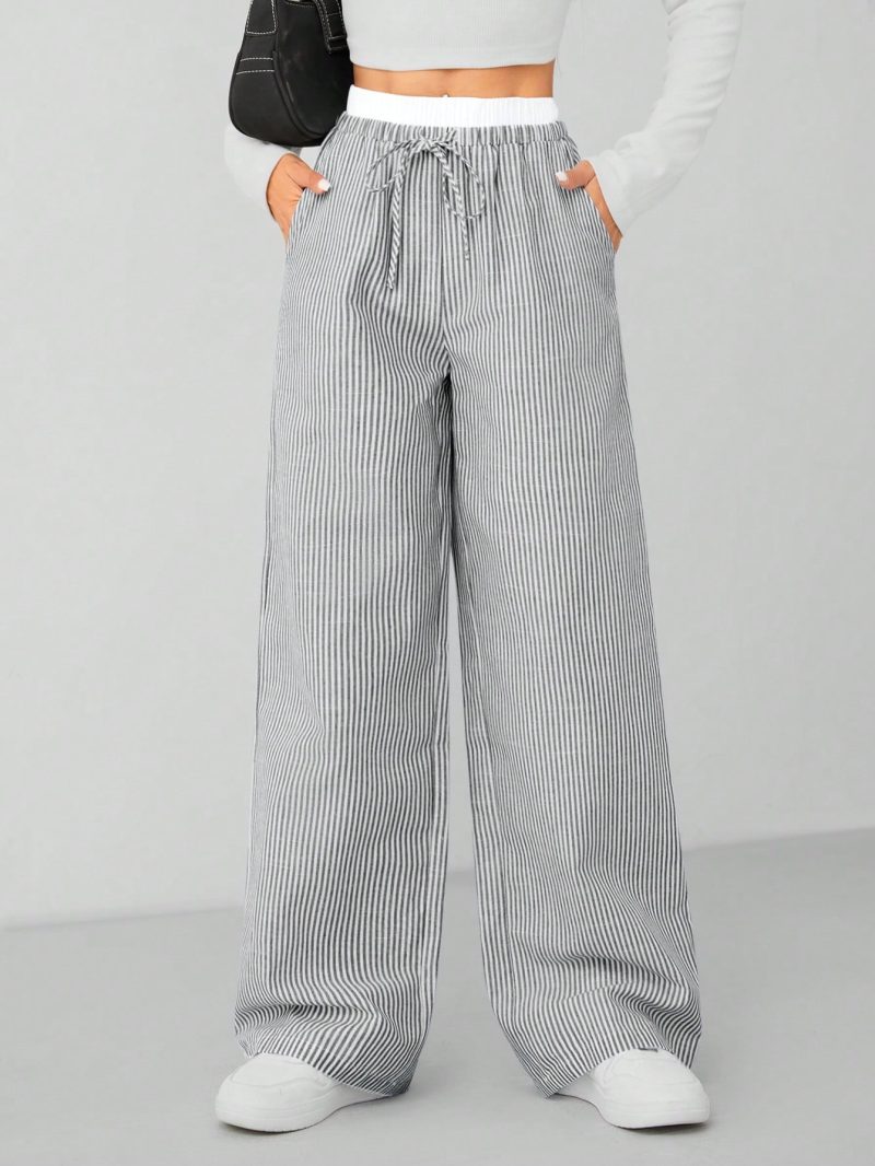 Autumn Blue Striped Contrast Waist Woven Women's Trousers