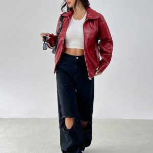 Drop Shoulder Zip Up Black PU Jacket