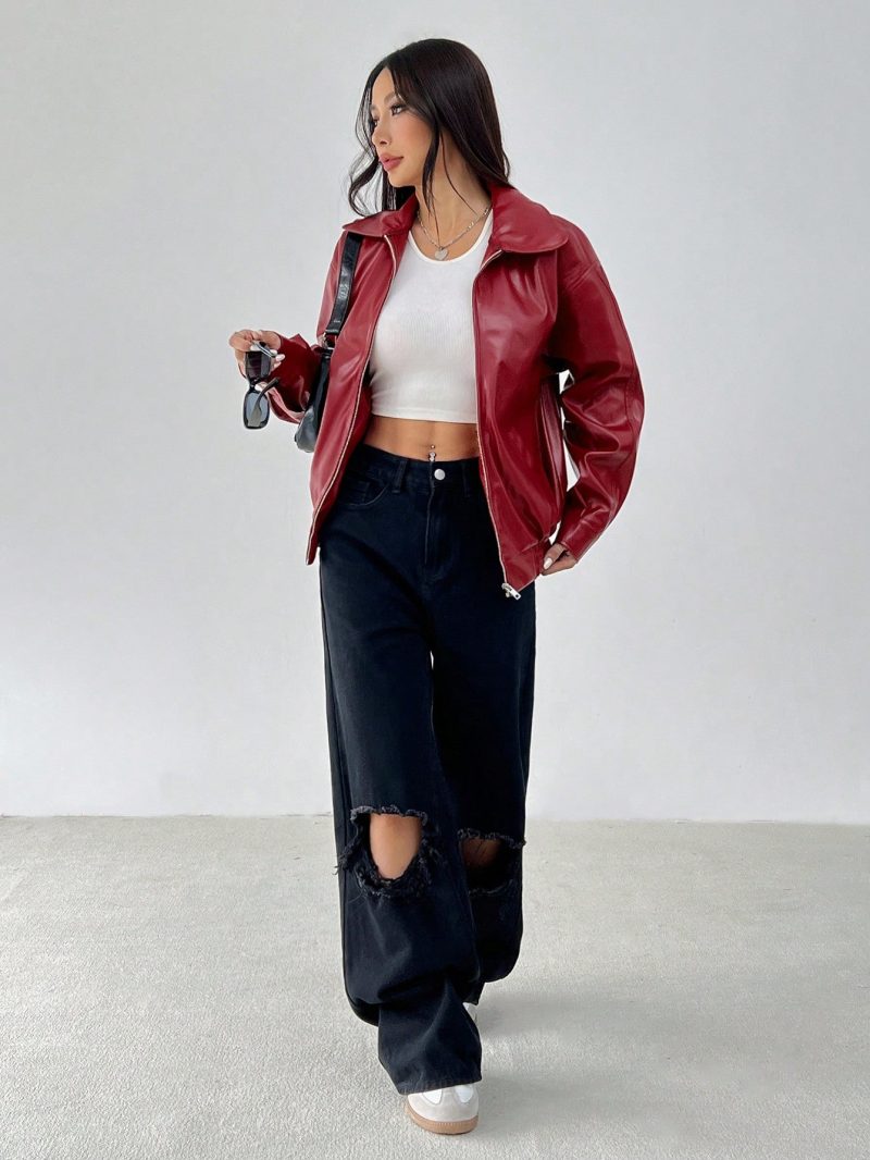 Drop Shoulder Zip Up Black PU Jacket