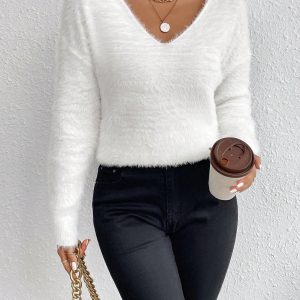 1pc Women Plain V-Neck Dolman Long Sleeve Fuzzy Sweater, Autumn/Winter