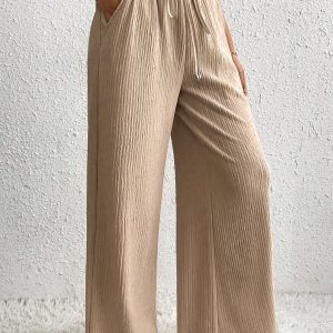 Women's Solid Color Tie Waist Casual Pleated Straight Leg Pants