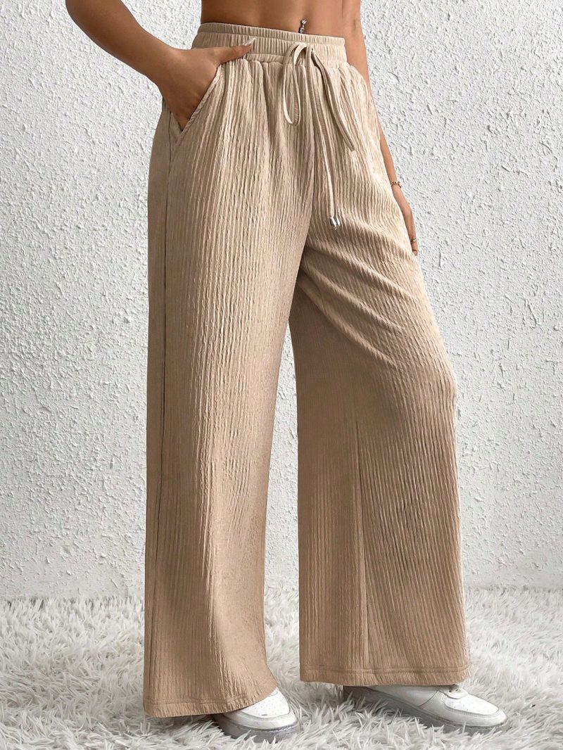 Women's Solid Color Tie Waist Casual Pleated Straight Leg Pants