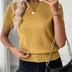 2024 New European & American Autumn/Winter Trendy Simple Design Round Neck Short Sleeve Knit Top