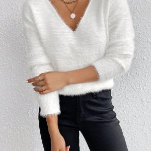 1pc Women Plain V-Neck Dolman Long Sleeve Fuzzy Sweater, Autumn/Winter