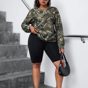 Plus Size Casual Branch Print Round Neck Sweatshirt, Autumn