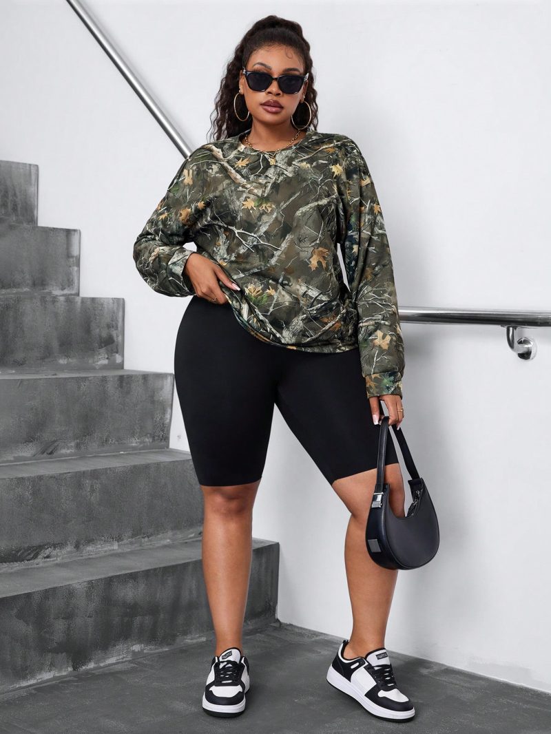 Plus Size Casual Branch Print Round Neck Sweatshirt, Autumn