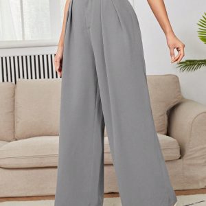 High Waist Plicated Wide Leg Black Dress Pants