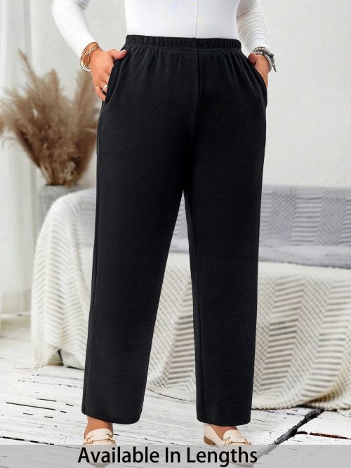 Plus Size Solid Color Elastic Waist Pocket Casual Straight Leg Pants