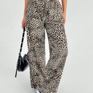 Women's Casual Leopard Print Woven Loose Wide Leg Pants