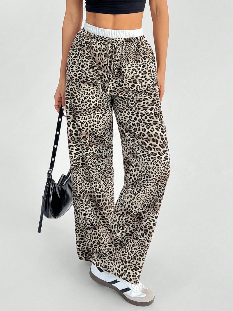 Women's Casual Leopard Print Woven Loose Wide Leg Pants