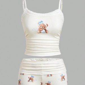 Cartoon Graphic Print Lace Trim Cami Top & Shorts