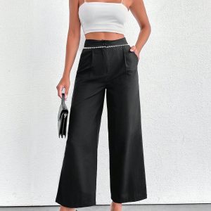 Women Pearl Belt Pleated Pants