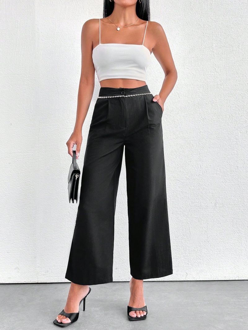 Women Pearl Belt Pleated Pants