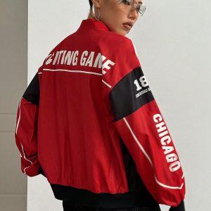 Letter Print Contrast Color Drop Shoulder Bomber Jacket