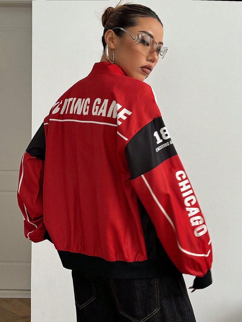 Letter Print Contrast Color Drop Shoulder Bomber Jacket