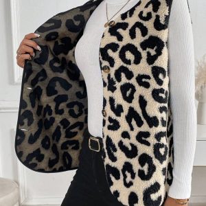 Casual Versatile Leopard Print Lamb Wool Sleeveless Single-Breasted Ladies Jacket, Autumn/Winter