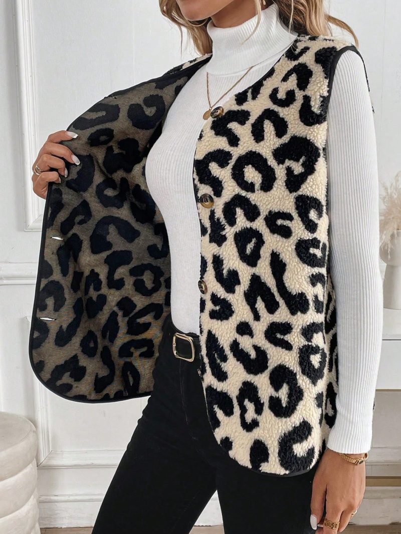 Casual Versatile Leopard Print Lamb Wool Sleeveless Single-Breasted Ladies Jacket, Autumn/Winter