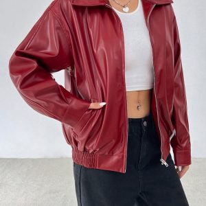 Drop Shoulder Zip Up Black PU Jacket