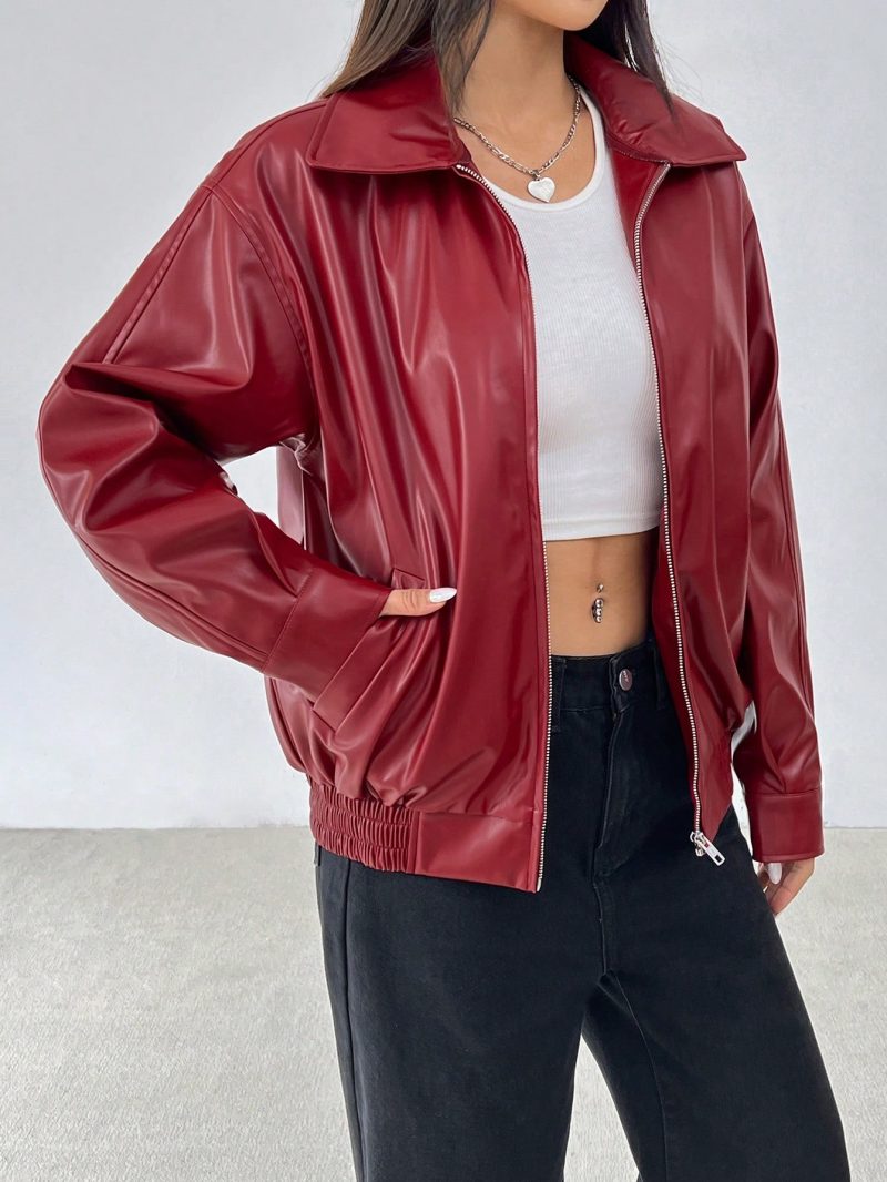 Drop Shoulder Zip Up Black PU Jacket