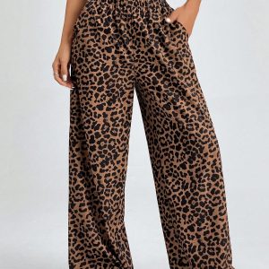 Women Elastic Waist Wide-Leg Leopard Print Loose Pants