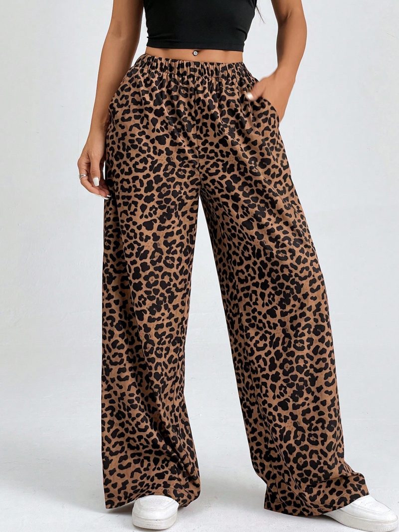 Women Elastic Waist Wide-Leg Leopard Print Loose Pants