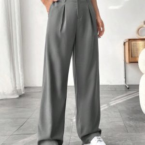 Women Solid Color Pocket Elegant Straight Leg Pants For Commuting