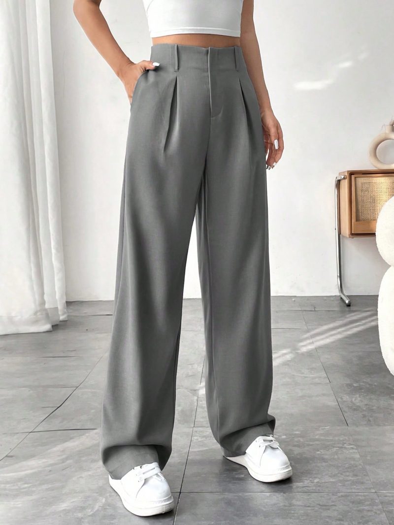 Women Solid Color Pocket Elegant Straight Leg Pants For Commuting