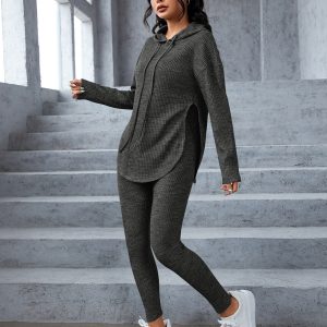 Marled Knit Drop Shoulder Split Hem Drawstring Hoodie & Leggings