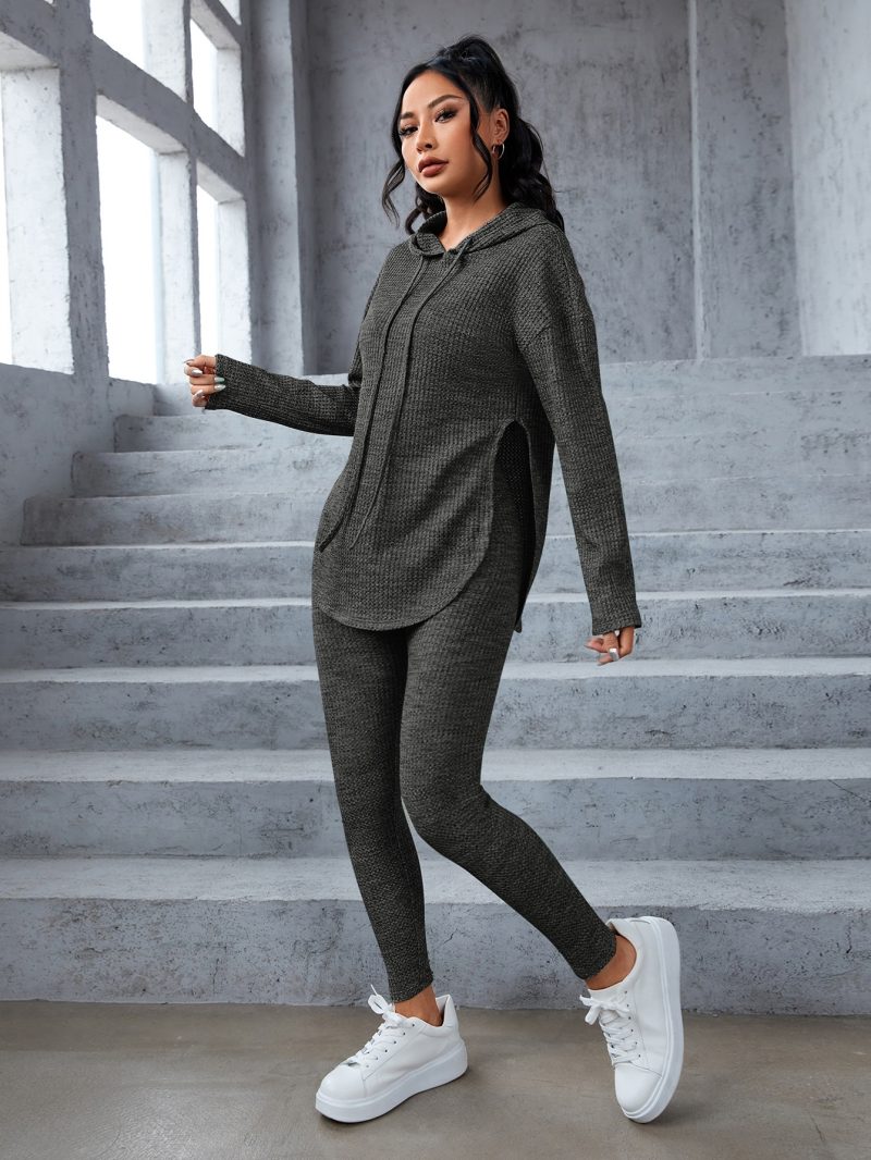 Marled Knit Drop Shoulder Split Hem Drawstring Hoodie & Leggings