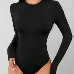 Solid Knit Stretch Fitted Black Bodysuit