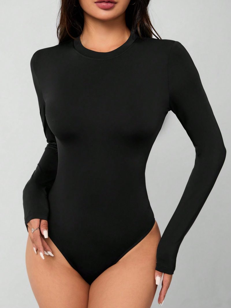 Solid Knit Stretch Fitted Black Bodysuit