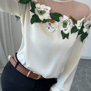 Women's Elegant Mesh Patchwork Embroidered Lace Long Sleeve Blouse