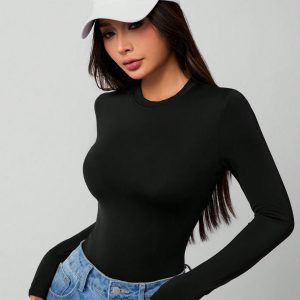 Solid Knit Stretch Fitted Black Bodysuit