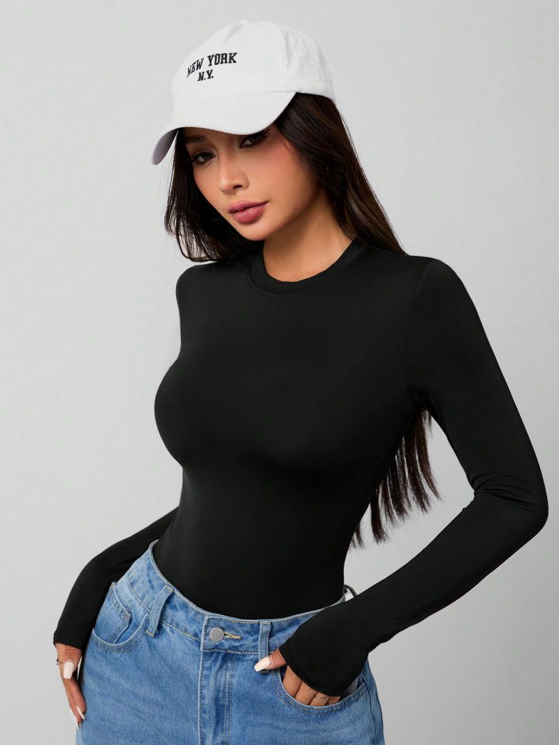 Solid Knit Stretch Fitted Black Bodysuit