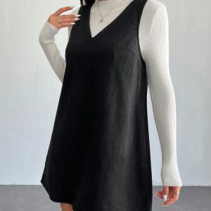 Solid V Neck Corduroy Dress Without Sweater Fall/Winter Dresses