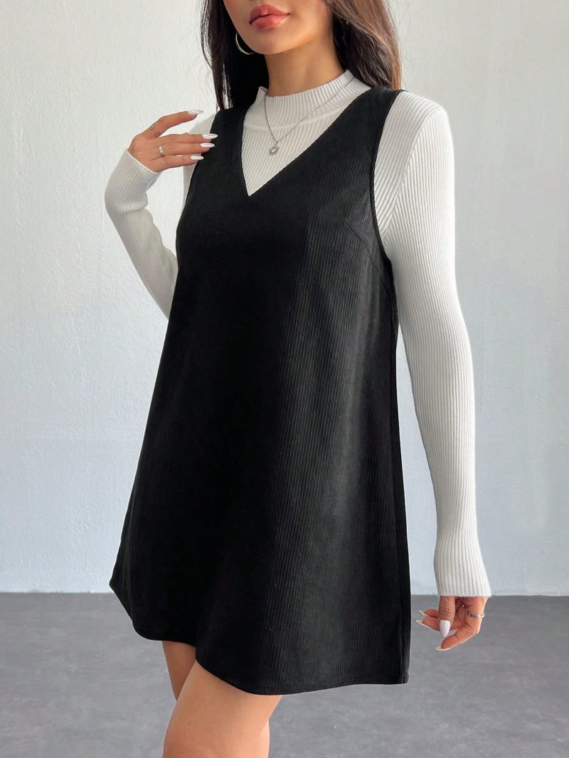 Solid V Neck Corduroy Dress Without Sweater Fall/Winter Dresses