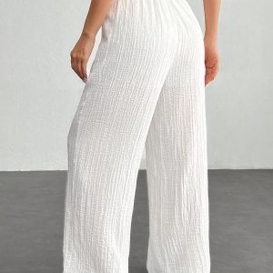 Women's Solid Color Front Tie Pleated Casual Pants, Simple And Versatile