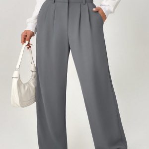 Spring Dress PantsHigh Waist Plicated Detail Wide Leg Suit Pants