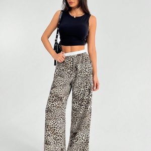 Women's Casual Leopard Print Woven Loose Wide Leg Pants