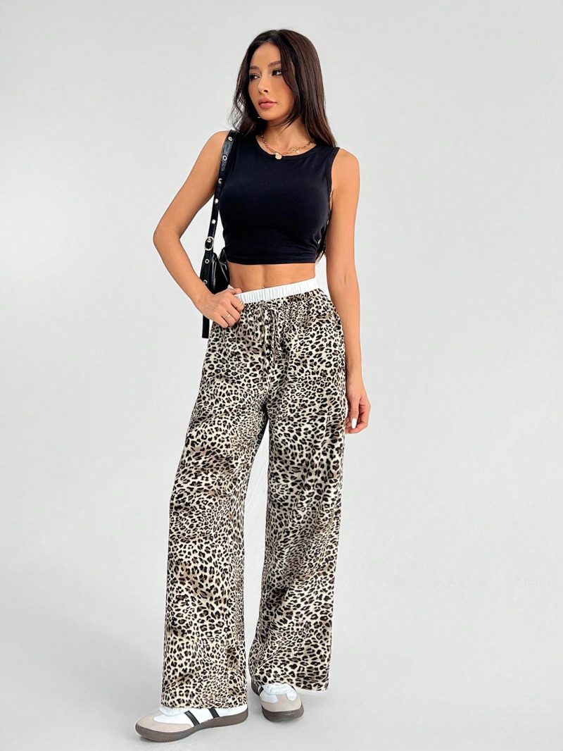 Women's Casual Leopard Print Woven Loose Wide Leg Pants