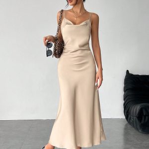 Solid Color Swing Collar Long Satin Satin Suspender Dress Suitable For Dates