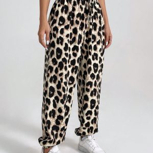 Women's Vintage Leopard Print Elastic Waistband Pants With Ruffled Cuffs For Summer Casual, Holiday