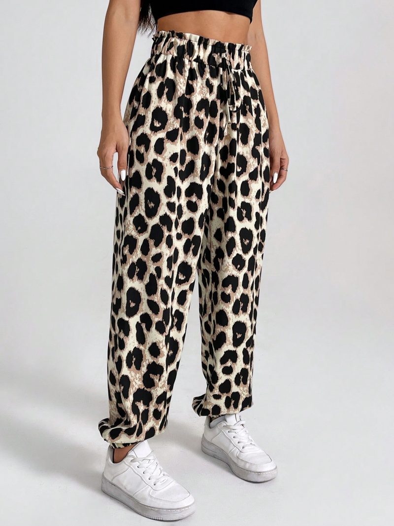 Women's Vintage Leopard Print Elastic Waistband Pants With Ruffled Cuffs For Summer Casual, Holiday