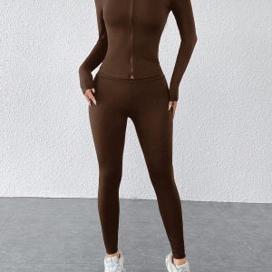 Black Two Piece Set Sportswear Zip Up Jacket & Leggings