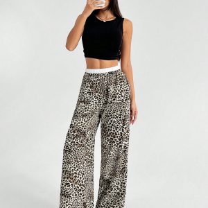 Women's Casual Leopard Print Woven Loose Wide Leg Pants