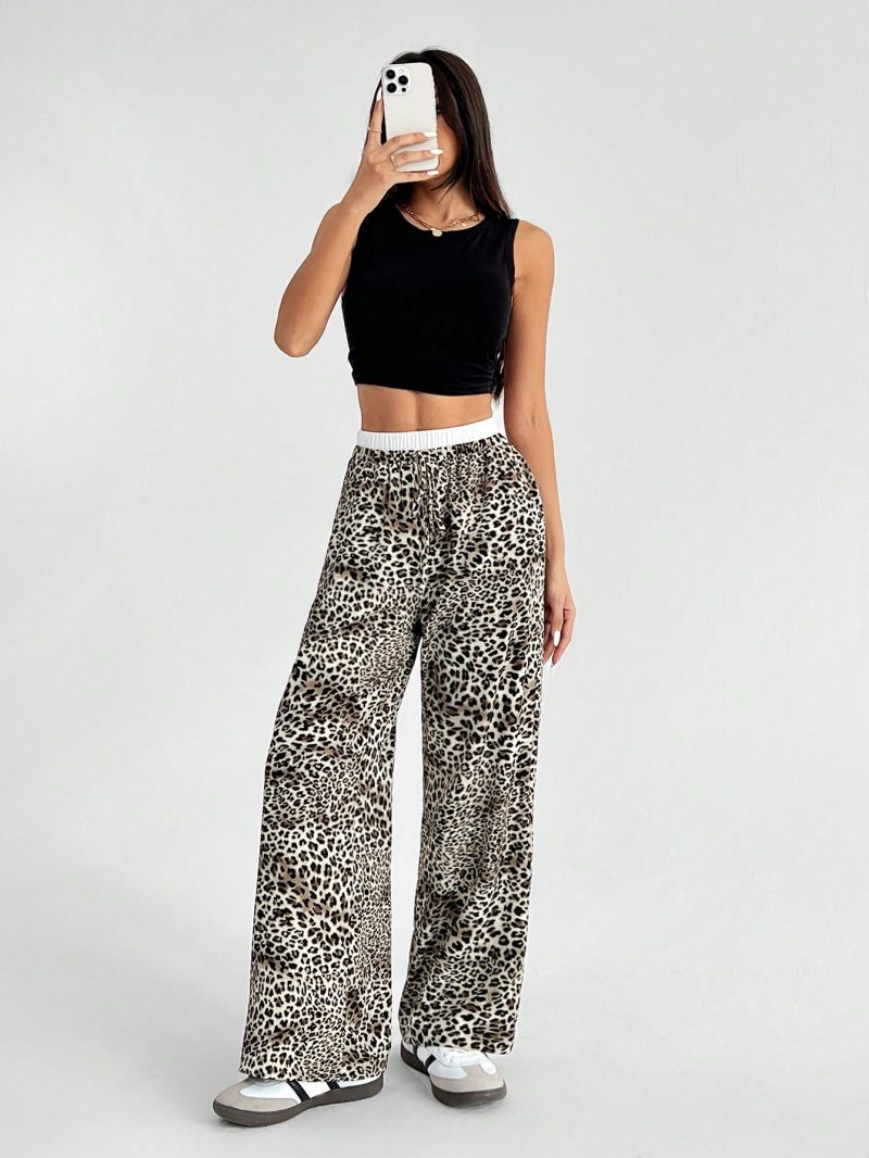 Women's Casual Leopard Print Woven Loose Wide Leg Pants